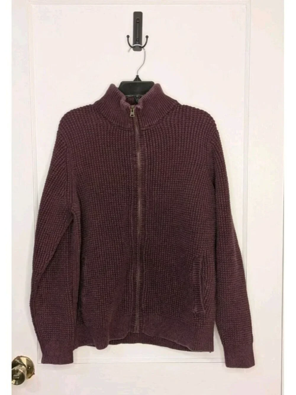 LL Bean Men's Burgundy Organic Cotton Full Zip Waffle Knit Cardigan Sweater LG